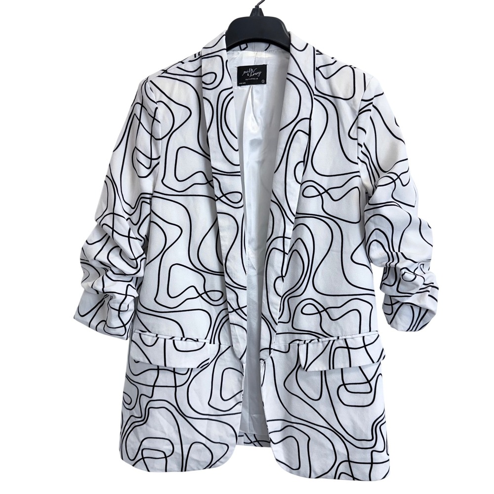 Milk & Honey White Black Abstract Swirl Ruched Sleeve Blazer Jacket Small